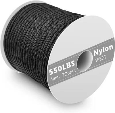 Produktbild von Paracord 550 Nylon Schnur 4 mm, 50 Meter, Schwarz, Reißfest, Max 250kg, Für Survival
