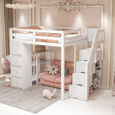Produktbild von STILVORA Hochbett 140x200 Jugendbett Massivholzbett mit Aufbewahrungsschublade,Kinderbett mit Sicherheits-Kletterleiter&Rausfallschutz,Weiß(Ohne Matratze)