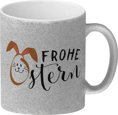 Produktbild von Frohe Ostern Glitzer-Kaffeebecher mit niedlichem Osterhasen