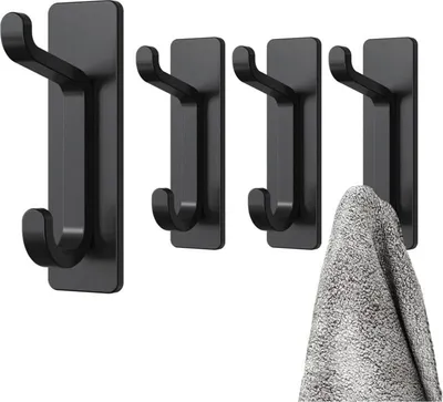 Produktbild von Selbstklebender Wandhaken, Handtuchhalter fürs Badezimmer, Geschirrtuchhaken für die Küche, selbstklebender Garderobenhaken, Wandmontage ohne Bohren, wasserdicht, rostfrei, schwarz, 4 Stück