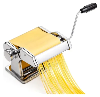Produktbild von Manuelle Nudelmaschine aus Edelstahl mit 9 Teigstärken und 2 Schnittbreiten für Spaghetti, Tagliatelle, Lasagne und Fettuccini (Silber)