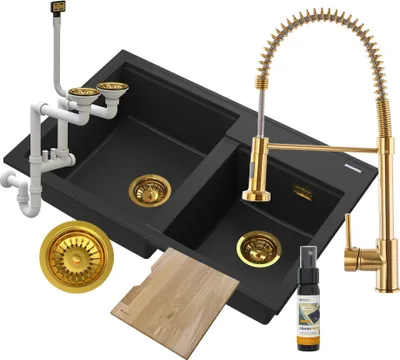 Produktbild von Waschbecken Granit 2 Fach Schwarz Wasserhahn Siphon Gold Hector