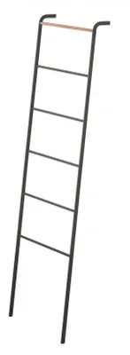 A black ladder leaning against an unseen surface, with a wooden bar at the top.