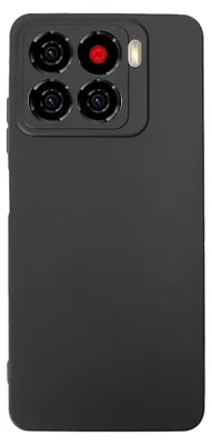 A black phone case with a camera module on a white background.