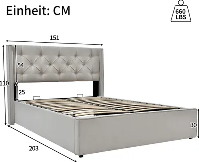 Zdjęcie produktu dla Łóżko z materacem sprężynowym Sweiko Łóżko tapicerowane z zagłówkiem i stelażem listwowym, funkcja schowka 140x200 cm, bawełna, jasnoszary (bez materaca)