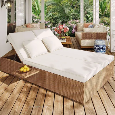 Obrázek produktu pro MODFU Zahradní nábytek, Zahradní lehátko, Lounge křeslo, Manželská postel, ratanové lehátko, venkovní nábytek pro lounge, balkon a zahradu, s polštáři, bílá