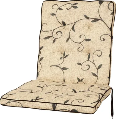 A chair cushion with a floral pattern on a white background.