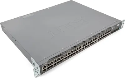 A network switch is shown from a three-quarter angle on a white background.