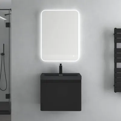 Produktbild von doporro Badmöbel-Set Waschbeckenunterschrank Waschtisch mit Unterschrank Wandmontage in matt schwarz, BTH: 60x42x50 cm, inkl. Mineralguss-Waschbecken und LED-Badspiegel Ancona
