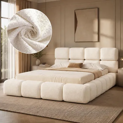 Produktbild von Flieks Polsterbett 180x200cm mit Lattenrost, Jugendbett Doppelbett mit gepolstertem Kopfteil, Klassisches Bett Bouclé, Weiß