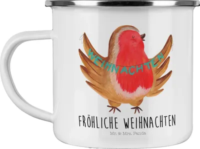 Produktbild von Mr. & Mrs. Panda Reisebecher Rotkehlchen Weihnachten - Weiß - Geschenk, Weihnachtsgruß, Winter, Pott, Vogel, Heiligabend, Haferl, wanderbecher, metallbecher, Frohe
