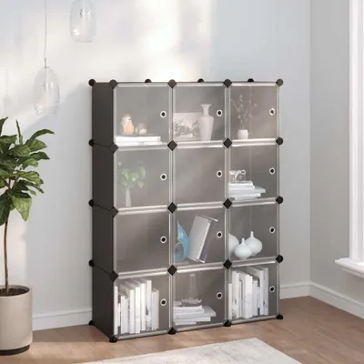 Productafbeelding van Het Living Store regalsysteem met 12 vakken en deuren, kleur zwart, materiaal PP
