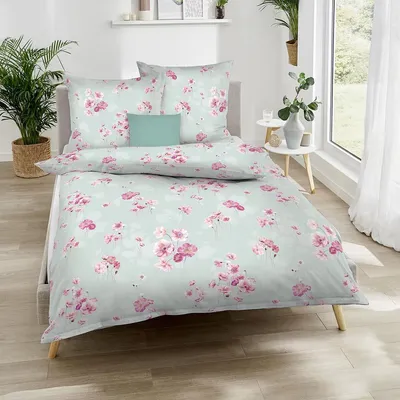 Produktbild von Kaeppel JERSEY Bettwäsche mit Reißverschluss, aus 100 % Baumwolle Delicate Poppies mint 1x135/200 1x80/80