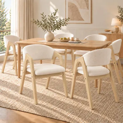Produktbild von Flieks Esszimmerstühle 6er Set, Polsterstühle mit geschwungenen Rückenlehnen, Küchenstühle Wohnzimmerstuhl mit Leinenbezug, Naturholzfarbe