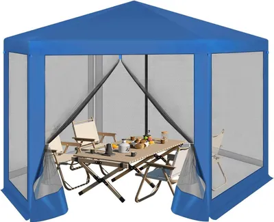 Produktbild von WOLTU Pavillon 3,8x3,3 m sechseckig, mit Seitenwänden Moskitonetz, Metall : Blau Farbe: Blau
