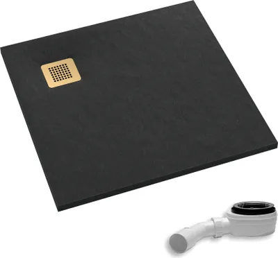 Produktbild von AQUABAD Duschwanne/Duschtasse Palast mit LeakProtect Technologie Black Stone 80x80cm Quadrat - Blende: poliertes Gold | inkl. Ablaufgarnitur/Siphon