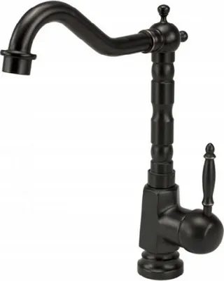 A studio shot of a black kitchen faucet against a white background.