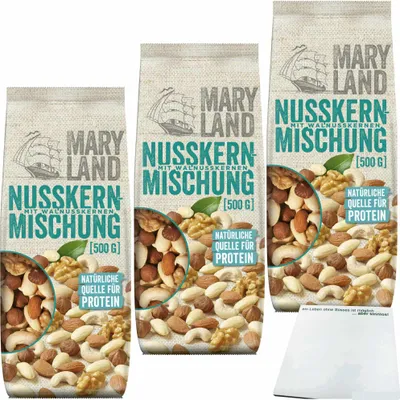 Produktbild von Maryland Nusskernmischung 3er Pack (3x500g Beutel) + usy Block