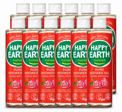 Imagen del producto de 12 unidades de gel de ducha natural "Happy Earth" con aroma floral de pachulí, 100% natural, 300 ml. Paquete económico