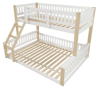 Produktbild von Kinder-Etagenbett - Kombibett 90 x 200 + 140 x 200 cm - Leiter - Bettgitter - Kiefernholz - Ohne Matratze - Weiße Holzoptik
