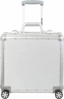 A silver trolley suitcase with a retractable handle and wheels, shown from the front on a white background.