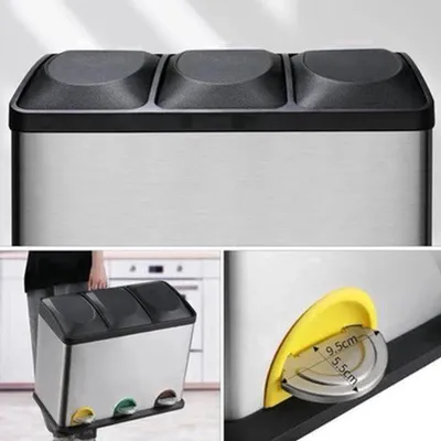 Produktbild von Dreifach-Müllbehälter - 45 Liter, Edelstahl-Mülleimer zur einfachen Mülltrennung - Silber und Schwarz