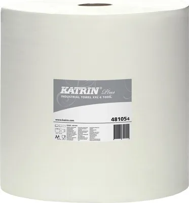 A roll of white industrial paper towels with a label on the front.