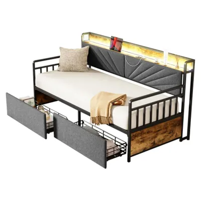 Produktbild von Schlafsofa,Eisenbettsofa mit LED-Beleuchtung und Ablagen, Daybett mit Schubladen und Multifunktionssteckdosen,Einzelbett 90*200 cm