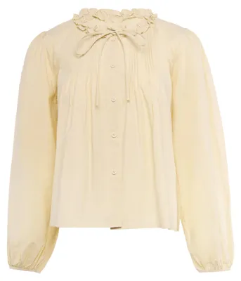 Produktbild von Damen Bluse gelb Größe S im Boho-Stil mit Rüschenkragen und langen Bischofsärmeln