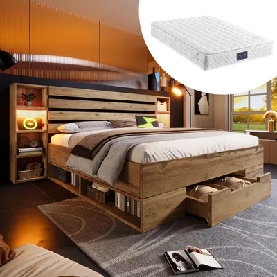 Produktbild von okwish Doppelbett Massivholzbett 160×200, Stauraumbett Bettanlage mit LED-Beleuchtung und USB C Stauraum-Kopfteil und Schubladen, Bettgestell Lattenrost aus holz, Eiche(Mit Matratze)