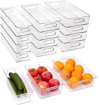 Image de Ensemble de 12 boîtes de rangement transparentes et empilables Unyqoos®, avec poignées – 3 tailles différentes, pour la cuisine et le réfrigérateur, en plastique sans BPA