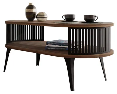 Produktbild von MIRJAN24 Couchtisch Roenni Oval, Wohnzimmer Kaffeetisch, Beine und Seiten aus Stahl (Farbe: Schwarz / Nuss Franklin)