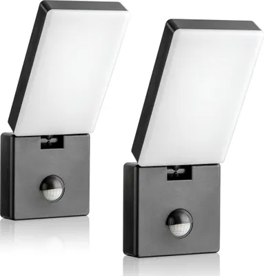 Two identical LED outdoor lights with motion sensors are displayed against a white background.