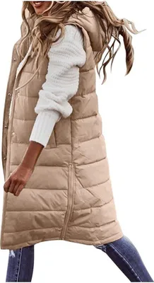 Produktbild von Lange Pufferweste für Damen, Kapuze, Leder, ärmellos, Reißverschluss, gepolsterte Mäntel, Jacke mit Taschen
