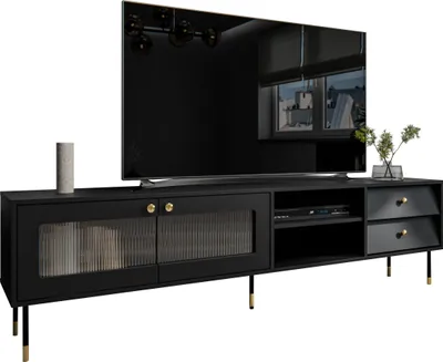 Produktbild von MIRJAN24 TV-Lowboard Valerio 200, RTV-Schrank mit zwei Drehtür, zwei Schubladen und Regal, TV-Schrank (Farbe: Schwarz)