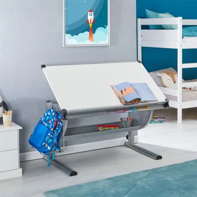Produktbild von Kinderschreibtisch SARI höhenverstellbar in weiß/alu, Schreibtisch für Kinder neigbar mit Rille für Stifte, Schülerschreibtisch mit Ablage und Rucksackhalterung