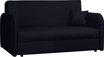 A black sofa with a single throw pillow.