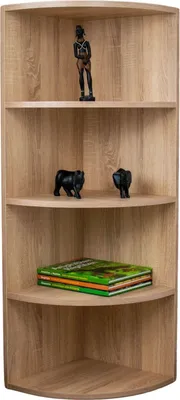 A wooden corner shelf unit with decorative items on its shelves.