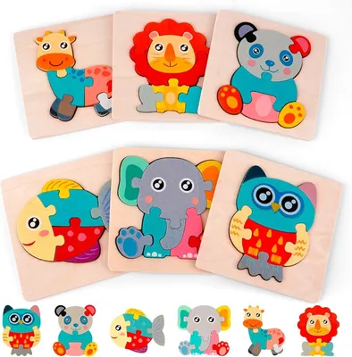 Produktbild von Holzpuzzle Tiere, 6-teilig, Montessori Spielzeug für Kleinkinder