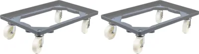Produktbild von SparSet 2x Transportroller für Euroboxen 60x40cm mit Kunststoffräder grau | Offenes Deck | 2 Lenkrollen & 2 Bremsrollen | Traglast 300kg | Kistenroller Logistikroller Rollwagen Profi-Fahrgestell