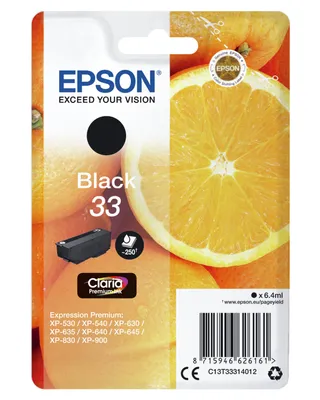 Zdjęcie produktu dla Epson Oranges Singlepack Black 33 Claria Premium Ink, Czarny, Tusz na bazie pigmentu, 6,4 ml, 1 szt., 250 stron(y)