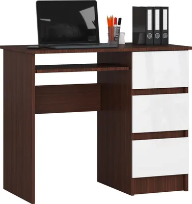 Image de Akord Bureau 3 Tiroirs Ordinateur Droit Wengé/Blanc 90X50X77