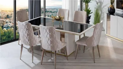 Produktbild von Exklusive Esszimmer Garnitur Edler Glastisch Designer Polsterstühle 7tlg