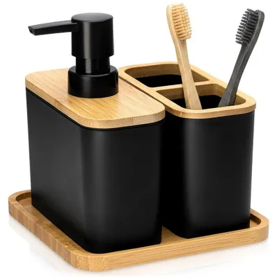 Imagen del producto de Vilde | Set de baño de 3 piezas - negro con bambú - dispensador de jabón de 500 ml, recipiente, bandeja