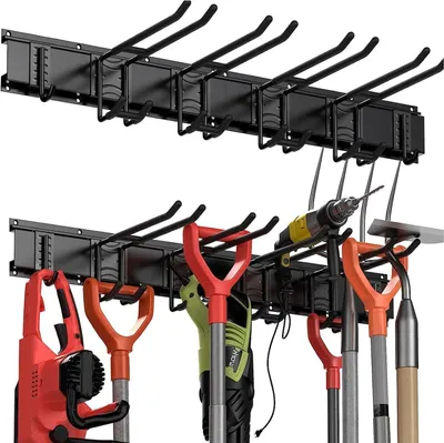 Productafbeelding van Gereedschapshouder met 6 wandhaken, verstelbare tuingereedschapshouder, ophanging voor garage, organisatie, tuin, binnenplaats, kelder, zwart