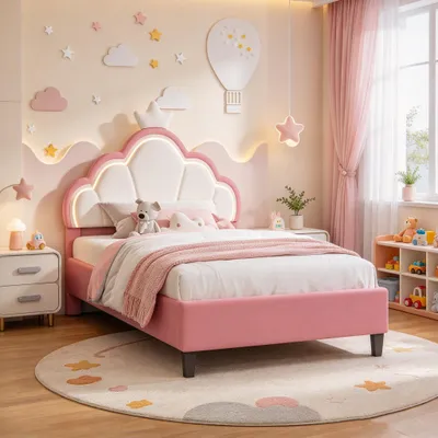 Produktbild von INONEFT Polsterbett kinderbetten 90x190cm mit Lattenrost, Einzelbett mit kronenförmiges Kopfteil, Jugendbett, Prinzessinnenbett Holzbett, Rosa/Weiß