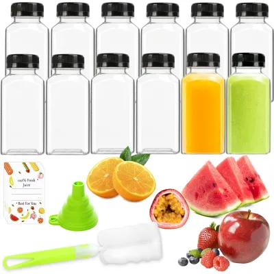 Produktbild von Set mit 12 wiederverwendbaren Kunststoff-Saftflaschen, je 250 ml, mit Obstaufklebern
