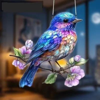 Produktbild von GKA Sonnenfänger Vogel auf Blumenast 20 cm Buntglas Lichtfänger Fensterbild