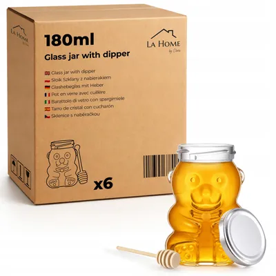 Immagine prodotto di Set da 6 barattoli per miele a forma di orsetto 180 ml con coperchio e cucchiaino – vasetti in vetro, bomboniere matrimonio e battesimo