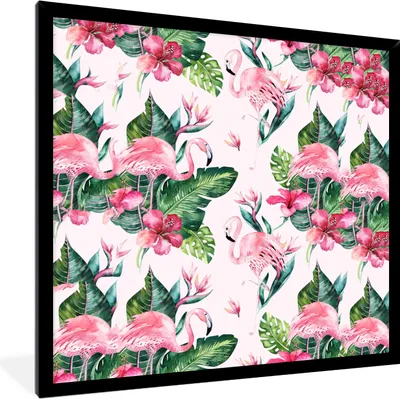Produktbild von MuchoWow® MuchoWow® Gerahmtes Poster Flamingo - Blumen - Blätter - Muster 40x40 cm - Poster mit zchwarzem Bilderrahmen - Mit Rahmen - Wanddekoration Schlafzimmer